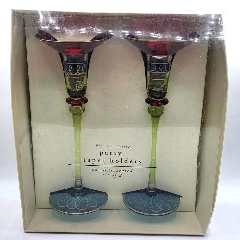 Pier 1 Imports Art Glass Candlestick Hand Painted Red Green Blue Gold Scroll VTG